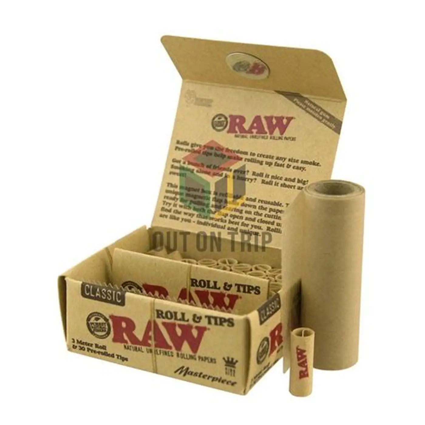 RAW 3m Paper Roll + Prerolled Tips Classic - Box of 12 Rolls